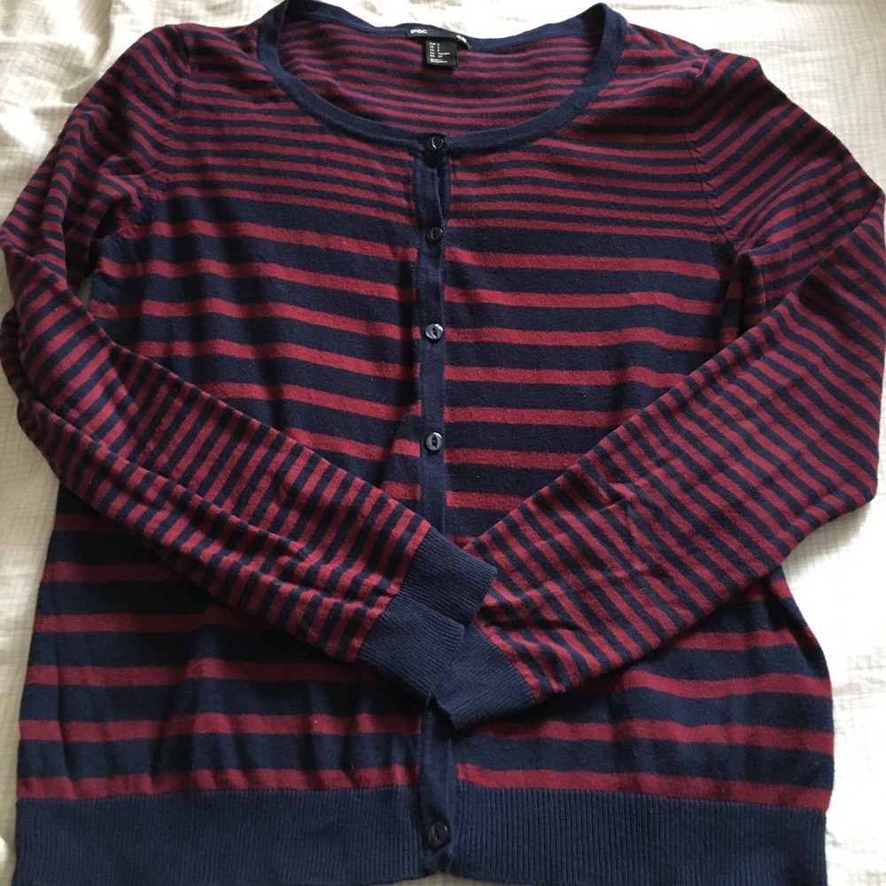 H&M striped navy & crimson cardi